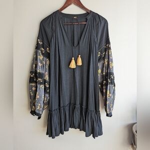 Free People Black Tunic Dress Balloon Sleeves Embroider| Beaded Boho Hippie Med